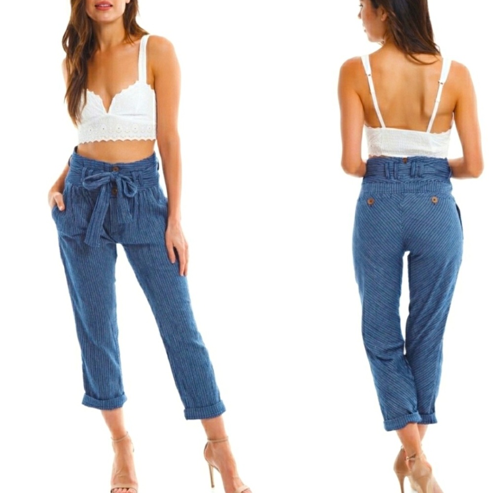 Free People Rumors, cropped, striped Harem pants with tie belt.  Size 2